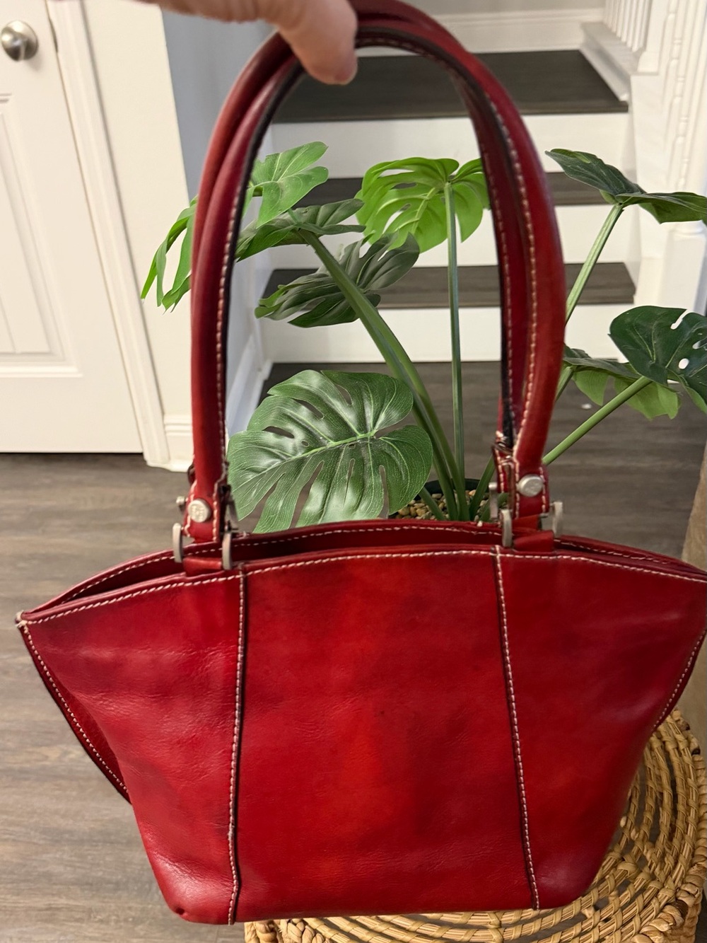 Made in Italy Red Genuine Leather Trapeze Tote Bag Contrast Stitching